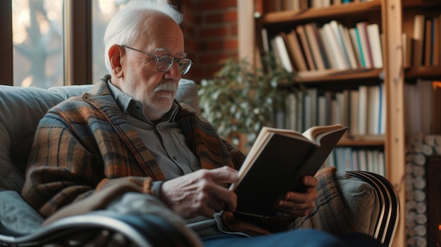 elderly man individual engrossed in a book seated comfortably amidst