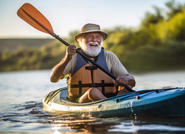 An elderly man is kayaking on the water generated by ai