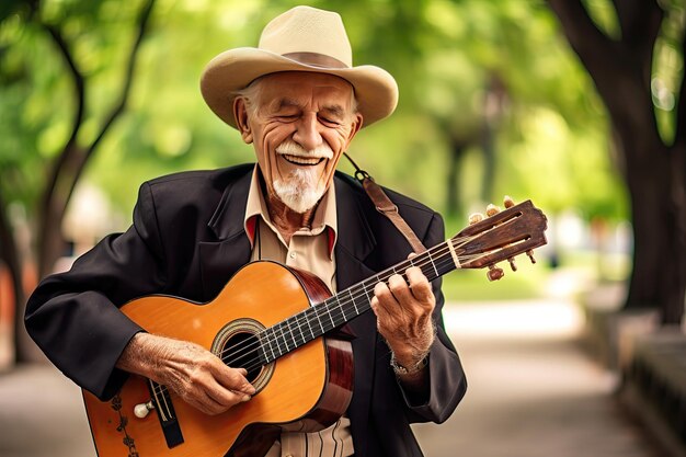 An elderly man is playing guitar