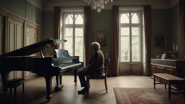 Foto un uomo anziano è seduto davanti a un pianoforte ia generativa
