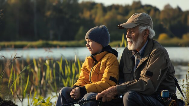 An elderly man is sitting on a rock next to a lake with his grandson They are both wearing fishing gear and the man is holding a fishing rod