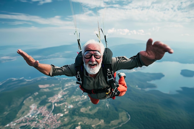 Elderly man jumping with a parachutex9