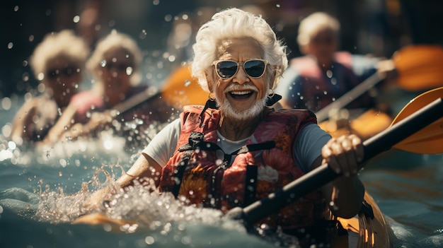 Foto uomo anziano in kayak sull'acqua