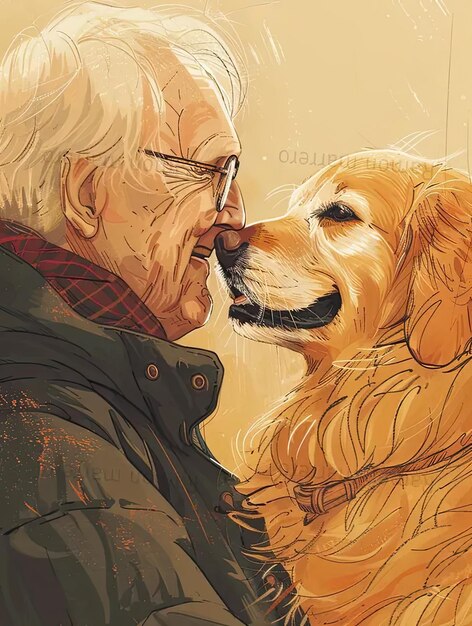 An elderly man kissing a golden retriever dog