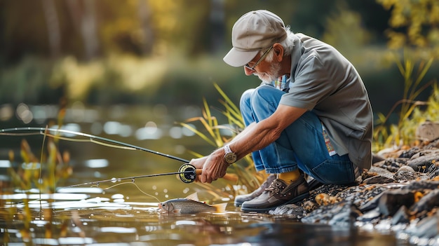 Premium Photo  An elderly man kneels at the edge of a riverbank He wears a fishing  hat and vest and holds a fishing rod