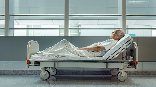 老人が病院のベッドに横たわり救命機械の静かなうなずきに囲まれて静けさと柔軟さの研究です