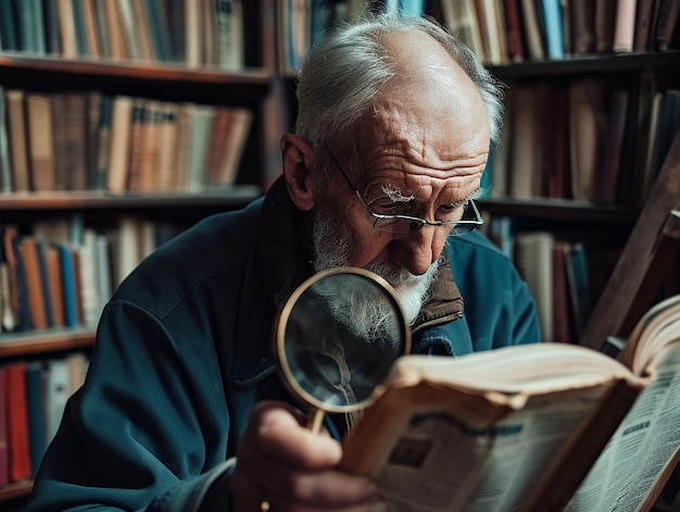 Foto un uomo anziano nella biblioteca guarda il giornale con una lente d'ingrandimento