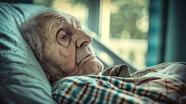 An elderly man lies peacefully in a hospital bed surrounded by soft light and gentle care