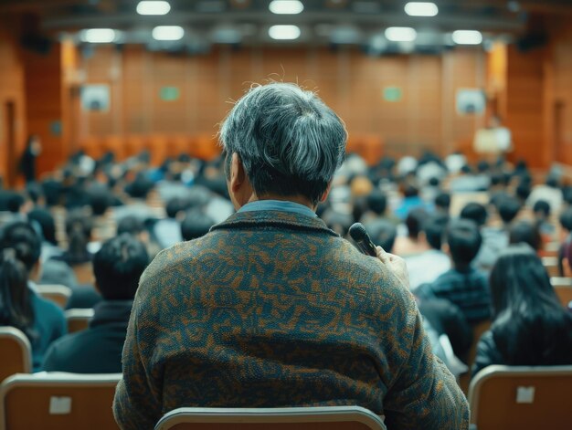 elderly man listening to a presentation