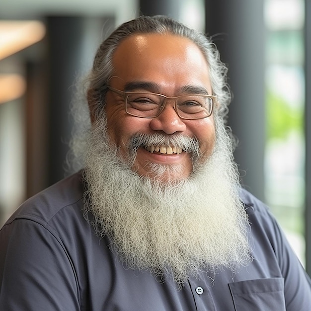 Elderly man Malaysian with a long gray beard smiles closeup portrait