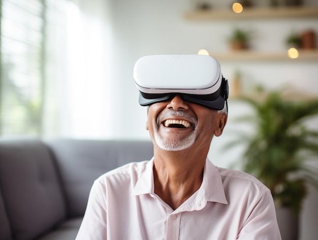 An elderly man on a natural background wearing virtual reality glasses and smiling