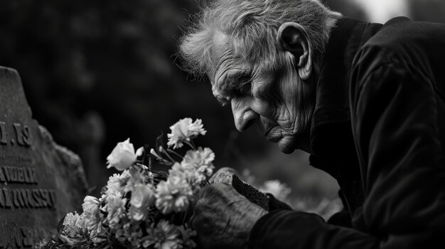 Photo elderly man picking wildflowers in a sunny field american independence day