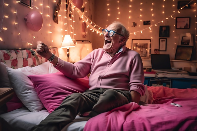 Пожилой мужчина в розовом свитере сидит на кровати