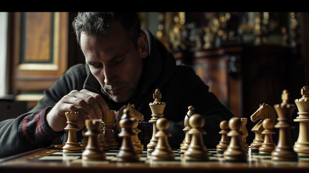 Elderly man playing chess black and white photo