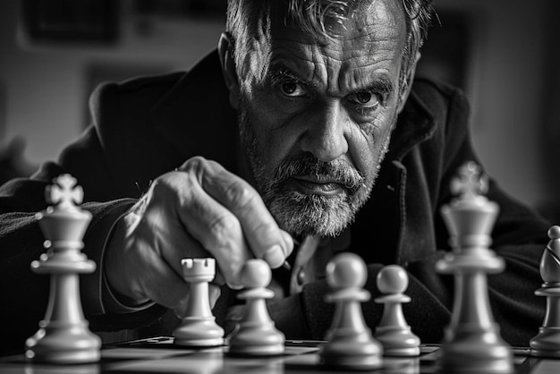 Elderly man playing chess black and white photo