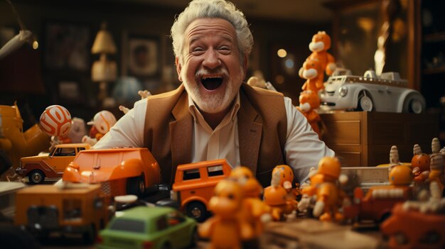 Elderly man playing with a toys at home