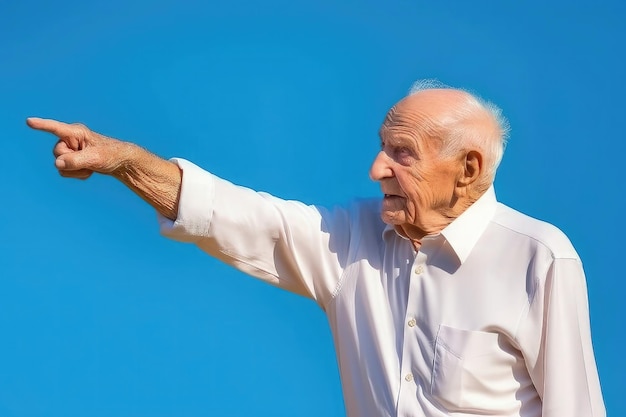 Elderly man pointing with his finger on a blue background