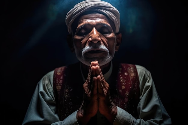 An elderly man praying with clasped hands