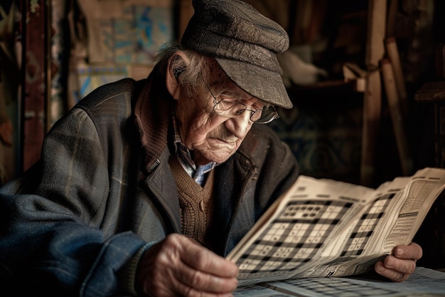 Elderly Man Reading Newspaper in Vintage Room with AI generated