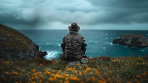 Elderly Man Reflecting Alone by the Rugged Seaside