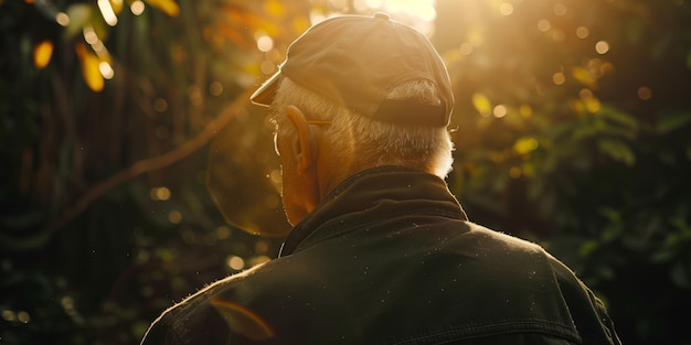 Elderly man reflecting in nature with golden sunset