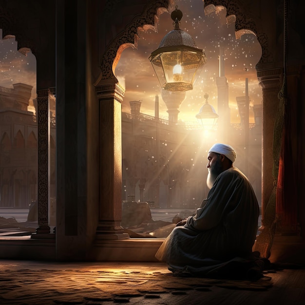 Elderly Man Reflecting in Ornate Arabian Courtyard at Sunset