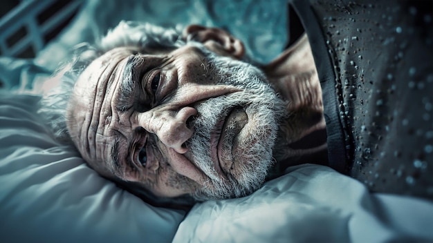 医療 機器 の 音 と 部屋 の 静か な 静けさ に 囲まれ て いる 病院 の ベッド で 平安 に 休ん で いる 年配 の 男性