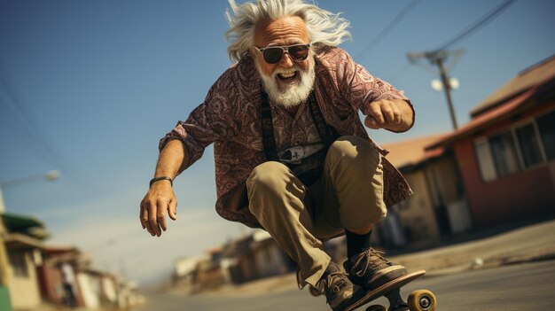 Photo elderly man rides in skateboard