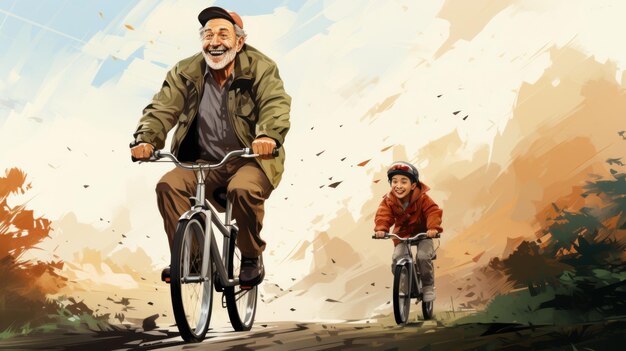 elderly man riding a bike with his son