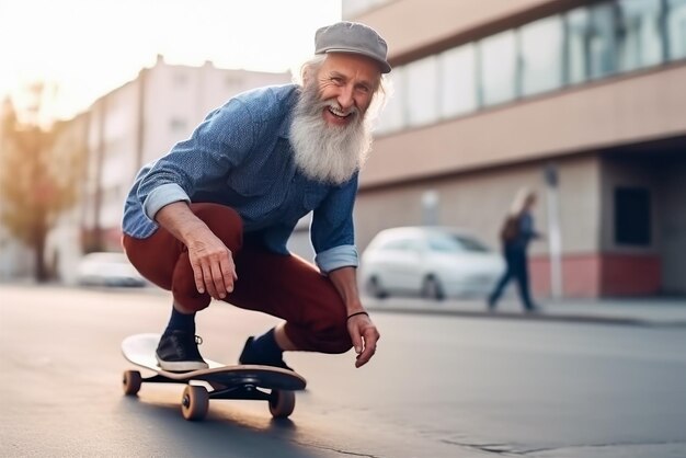 Premium AI Image | Elderly man riding a skateboard on a city street ...