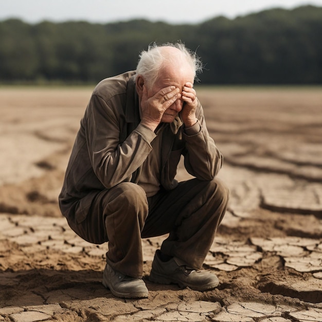 高齢の男性が乾燥した地面にひざまずいて座り顔に手を閉じたグローバルウォーミング