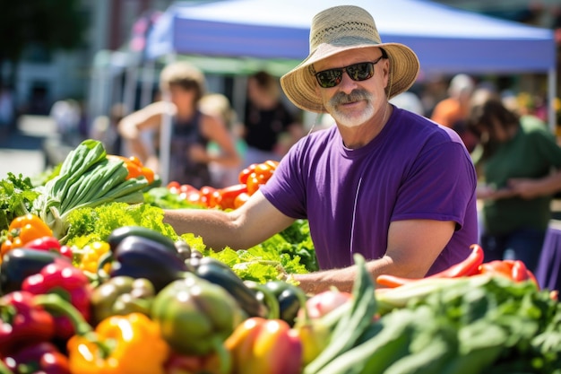 an elderly man selects vegetables from a street store counter