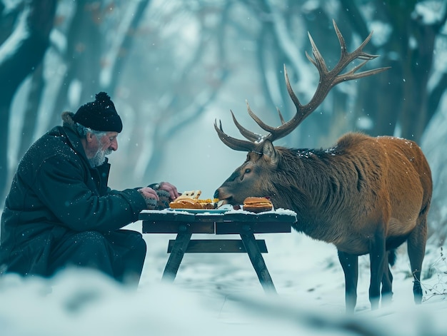 Elderly Man Sharing A Peaceful Meal With A Majestic Deer In A Snow Covered Winter Forest