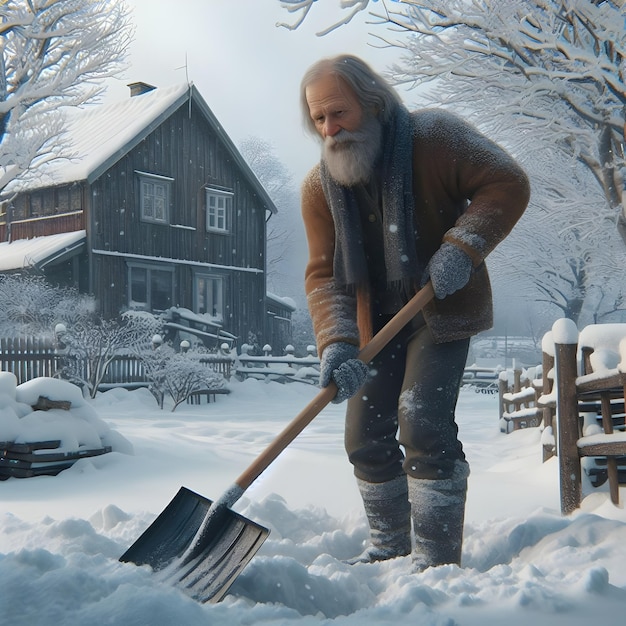 Elderly Man Shoveling Snow in Front of a Traditional Wooden Cottage During Winter