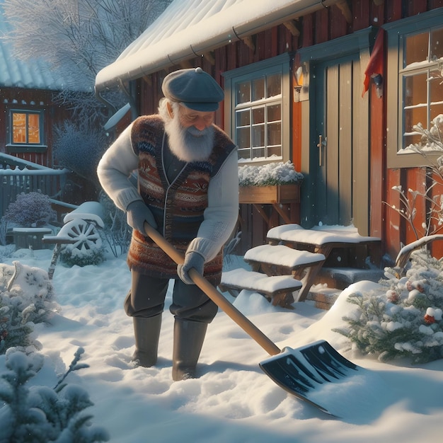 Elderly Man Shoveling Snow in Front of a Traditional Wooden Cottage During Winter