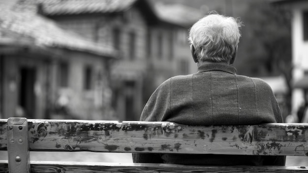 Foto un uomo anziano si siede su una panchina nella piazza del villaggio di nuovo di fronte alla telecamera come guarda il mondo andare