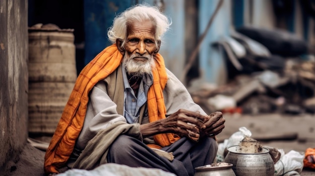 an elderly man sits in a street with his hands folded in front of him.
