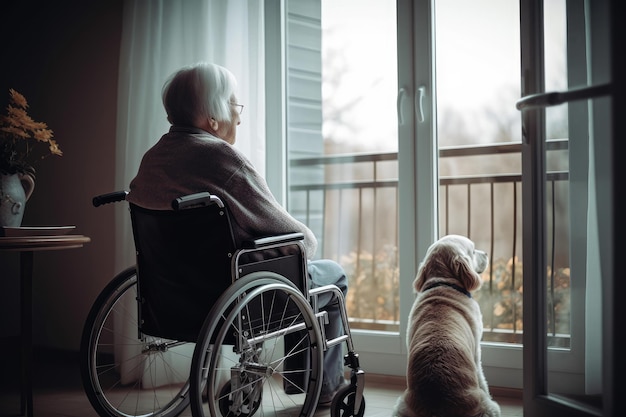 Пожилой мужчина сидит в инвалидной коляске рядом со своей собакой и смотрит в окно Генеративный ИИ