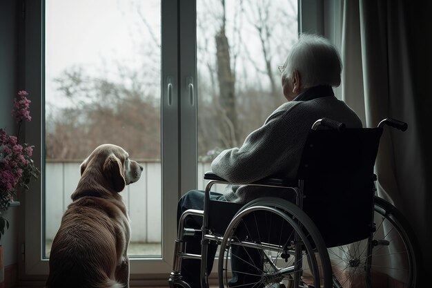 An elderly man sits in a wheelchair next to his dog and looks out the window Generative AI