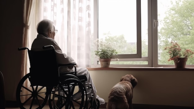 Пожилой мужчина сидит в инвалидной коляске рядом со своей собакой и смотрит в окно Генеративный ИИ