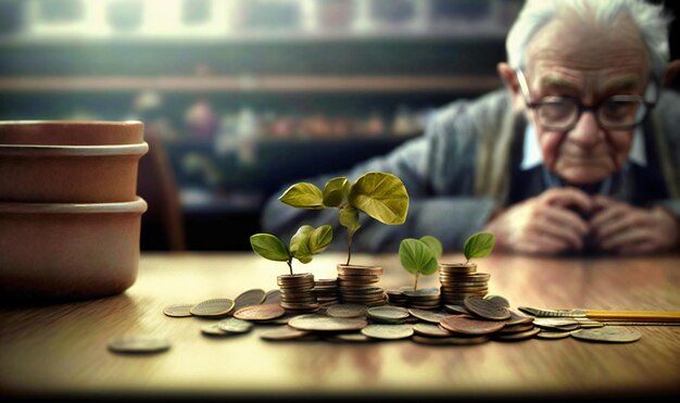 An elderly man sits at a wooden table with a small pile of coins and a sprout symbolizing the importance of financial planning for a comfortable retirement