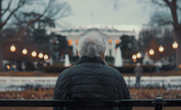 Foto uomo anziano seduto su una panchina a washington dc con la casa bianca sullo sfondo