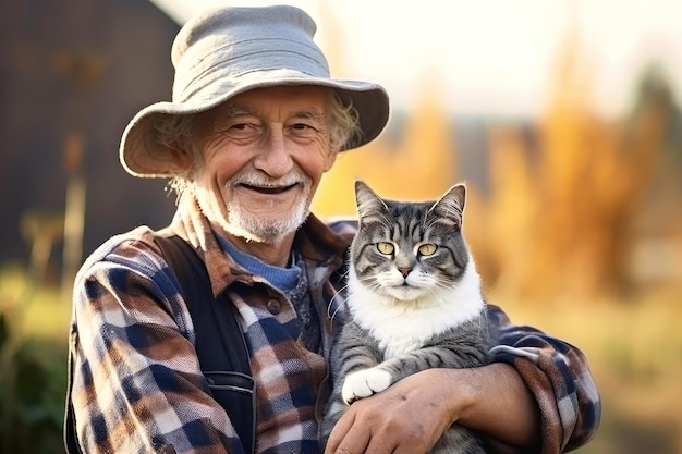 Foto un uomo anziano seduto su una sedia con un gatto in grembo