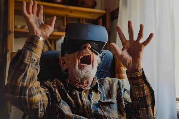 An elderly man sitting in a chair with his hands raised in the air appearing to be expressing enthusiasm or excitement