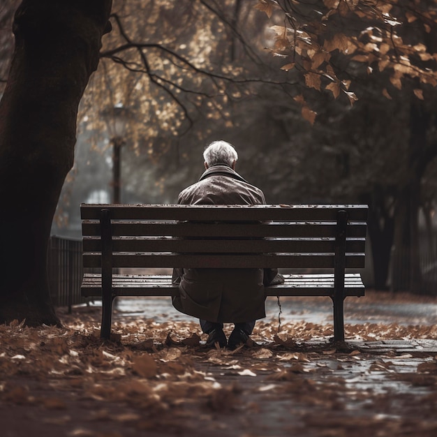 An elderly man sitting on surrounded by leaves on the floor Sad and melancholy man spends time alone People concept