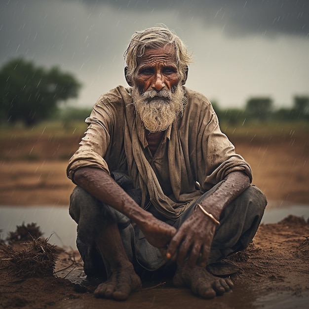 Пожилой человек сидит в контакте с дождем в сухой сезон глобальное потепление