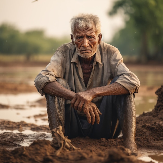 an elderly man sitting in touch with rain in the dry season global warming