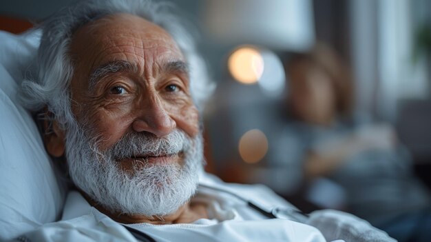 Elderly Man Smiling Comfortably in Hospital Bed Elderly Care Emphasis