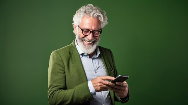 An elderly man smiling and laughing with his phone against a colored background