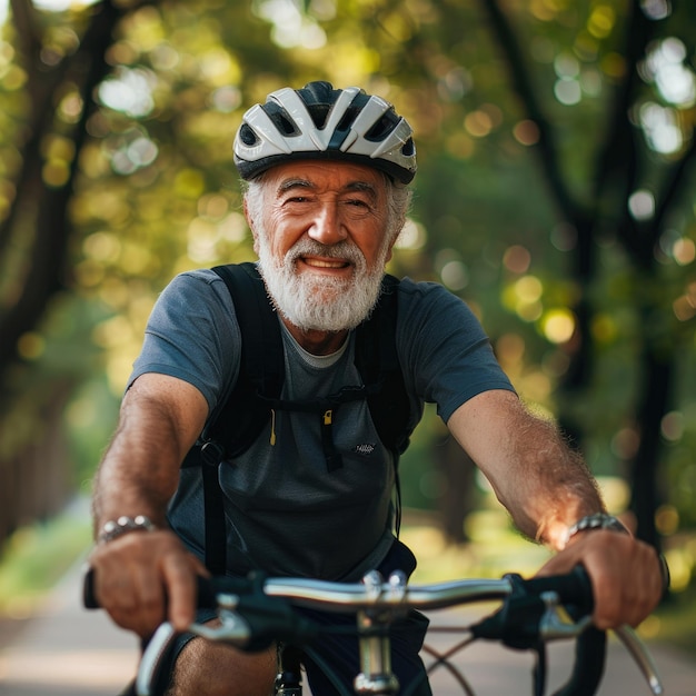 Foto uomo anziano in abbigliamento sportivo in bicicletta conduce uno stile di vita attivo concetto di vecchiaia attiva